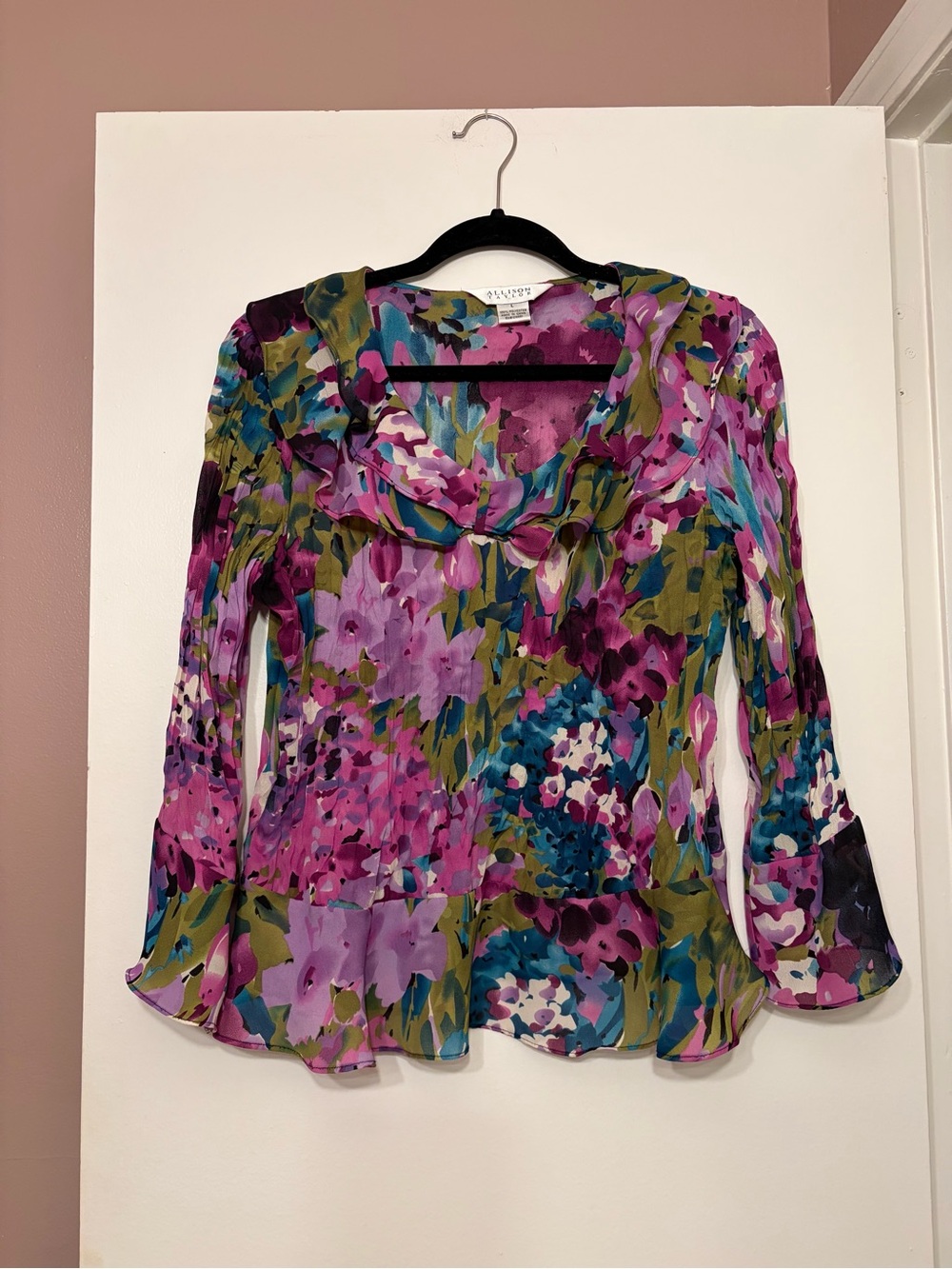 Vintage Multicolor Allison Taylor Floral Print Crinkle Ruffled Blouse